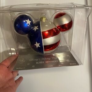 Disneyland Resorts Patriotic Mickey Mouse Glass Ornament - Red, White, Blue NIB